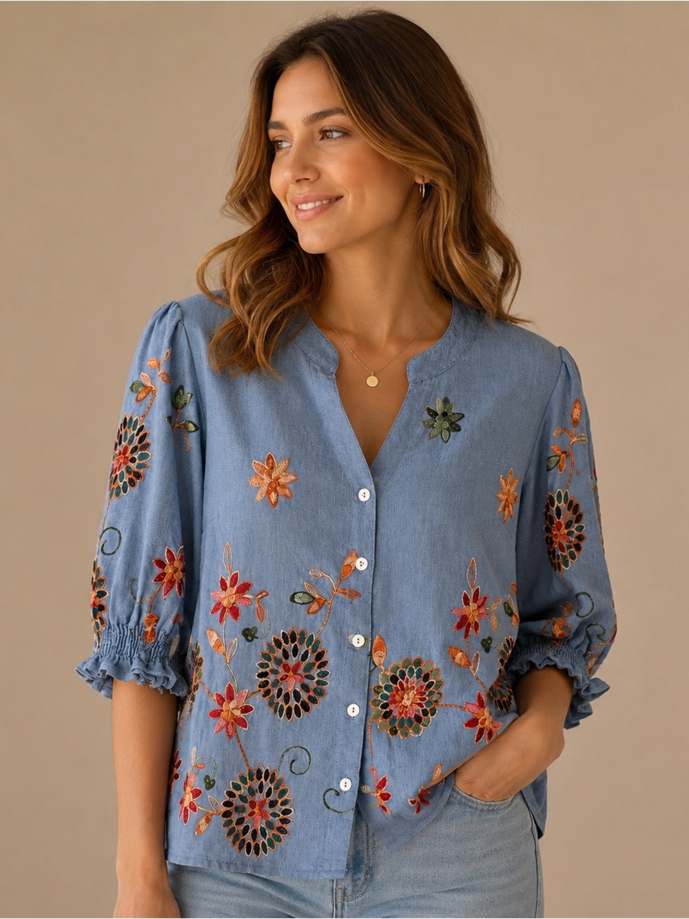 Parami Design Embroidered Floral Chambray Blouse Boho Puff Sleeve XL